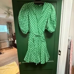 slim fit dress slacks Rhode Puff Sleeve Mini Dress Madeline Olive Linen-Cotton Size 2
